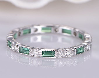 Milgrain Emerald Diamond Wedding Band 14k White Gold Full | Etsy Canada