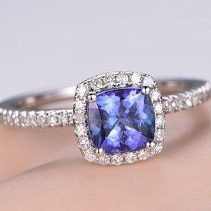 Cushion 1.2ct Tanzanite ring diamond engagement ring solid 14k White gold diamond wedding band gemstone bridal ring Stacking wedding ring