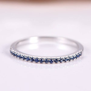 Blue sapphire wedding band sapphire ring half eternity ring stacking matching band anniversary ring solid 14k white gold Pave set thin band