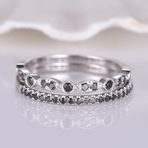 Black Diamond Wedding Band 14k White Gold Half Eternity Ring Natural Stone Anniversary Ring Bridal Ring Set Marquise set