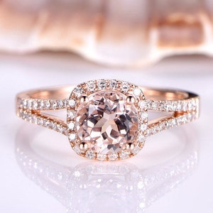 Runder 1,2ct Morganit Verlobungsring Diamantring massiver 14k Rosegold Band Split Shank Pink Morganit Edelstein Brautring Halo Ring