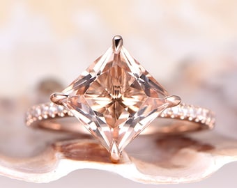 Princess cut morganite engagement ring diamond wedding band 8mm VS natural morganite solid 14k Rose gold bridal promise ring anniversary