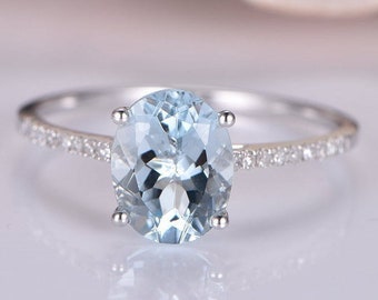 Aquamarine engagement ring White gold diamond band 7x9mm Oval Cut VS blue aquamarine 14k Solitaire ring bridal promise ring March Birthstone