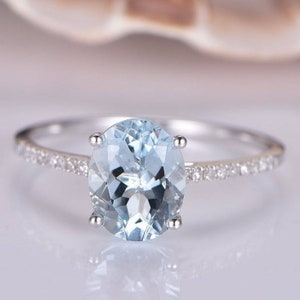 Aquamarine engagement ring White gold diamond band 7x9mm Oval Cut VS blue aquamarine 14k Solitaire ring bridal promise ring March Birthstone