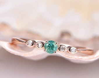 Petite Emerald Ring Moissanite Engagement Ring 5mm Round Cut Green Emerald Art Deco Moissanite Wedding Band 14k Rose Gold Anniversary gift