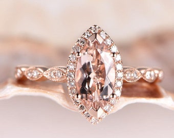 10x5mm Marquise Shaped Morganite Diamond Engagement Ring Rose Gold Diamond Halo Ring Anniversary Gift Half Eternity Morganite Promise Ring