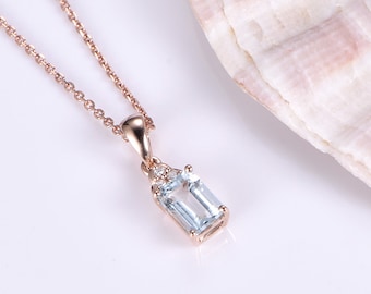 Aquamarine Halskette 18k Weißgold Diamant Anhänger Smaragdschliff Blau Aquamarin Vollschnitt Natürliche SI-H Diamant Akzente Birthstone Schmuck