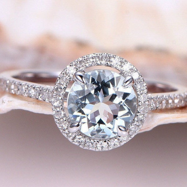 7mm Natural Aquamarine Engagement Ring Round Cut Aquamarine Diamond Ring Diamond Wedding Band White Gold Aquamarine Promise Ring Unique Gift