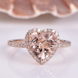 Heart Shaped Morganite Engagement Ring Rose Gold Half Eternity Diamond Band Natural Gemstone Halo Anniversary Ring Gift For Women