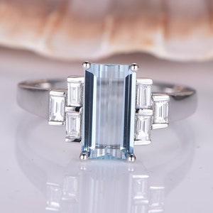 White Gold,6x11mm Emerald Cut Aquamarine Engagement Ring,Baguette 2x3mm Moissanite Band,Natural Aquamarine Promise Ring, Plain Gold Band