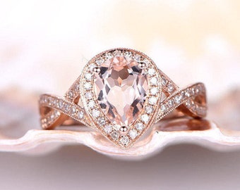 Morganite Engagement Ring 6x8mm Pear Cut Morganite Bridal Ring Diamond Halo Diamond Wedding Band 14K Rose Gold Bridal Promise Ring