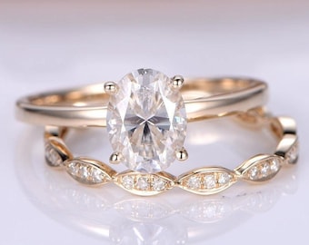Anillo de bodas Conjunto Moissanite Anillo de compromiso 6x8mm Oval Cut Moissanite Ring Art Deco Diamond Wedding Band Solid 14K Yellow Gold