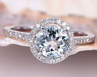 7mm Natural Aquamarine Engagement Ring Round Cut Aquamarine Diamond Ring Diamond Wedding Band White Gold Aquamarine Promise Ring Unique Gift