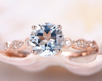 Aquamarin Verlobungsring Natürlicher Aquamarin Ring Rundschliff Aquamarin Schmuck 14k Roségold Miligrain Style Ring Brautring Geschenk