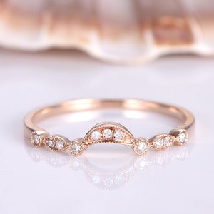Curved Milgrain Diamond Wedding Band Solid 14k Rose Gold Half Eternity Ring Engagement Ring Stacking Matching Band Anniversary Marquise Set