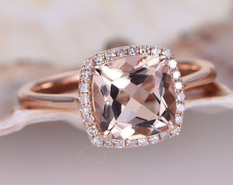 Cushion Morganite Engagement Ring 2.3ct Morganite Ring Plain Gold Band Natural Diamond Halo Unique Basket Underneath 14K Rose Gold