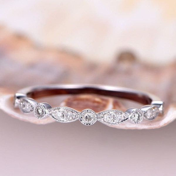 Milgrain Diamond Wedding Band Solid 14k White Gold Half Eternity Diamond Stacking Matching Band Women Anniversary Ring Art Deco Promise Ring