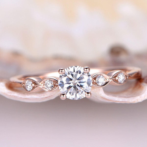 Charles & Colvard Moissanite Engagement Ring Rose Gold Art Deco Wedding Band 14K Retro Vintage 5mm Round Gemstone Solitaire Ring Bridal Ring