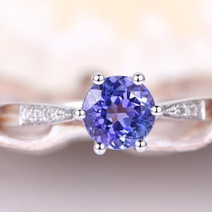 6.5mm Round Cut Natural Blue Tanzanite Engagement Ring Diamond Wedding Band 14K White Gold Anniversary Gift Vintage Bridal Ring For Women