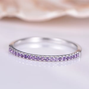 Natural Amethyst Wedding Band 14k White Gold Half Eternity Ring Engagement Ring Stacking Matching Band Anniversary Ring 1.2mm Thin Pave