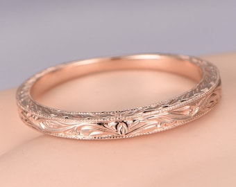 14k Solid Rose Gold Wedding Band Filigree Eternity Ring Floral Milgrain Engagement Ring Stacking Matching Band Anniversary Ring Gift For Her