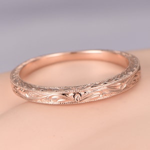 14k Solid Rose Gold Wedding Band Filigree Eternity Ring Floral Milgrain Engagement Ring Stacking Matching Band Anniversary Ring Gift For Her