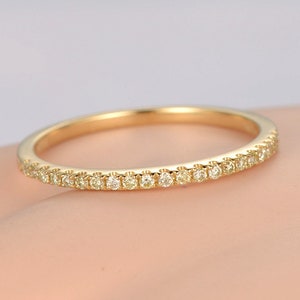 Yellow Diamond Wedding Band Solid 14k Yellow Gold Petite French Micro Pave Half Eternity Ring Engagement Ring Stack Matching Band Thin