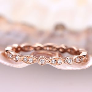 Art deco diamond wedding band,Solid rose gold eternity band,Milgrain band,Stackable women band, Stacking matching band,Anniversary gift