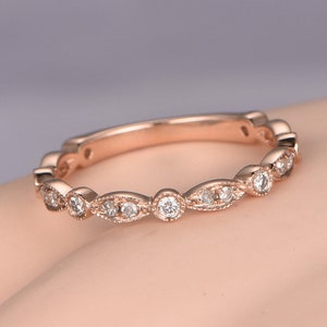 3/4 eternity Milgrain Diamond wedding band solid 14k rose gold engagement stacking matching band anniversary ring Marquise set