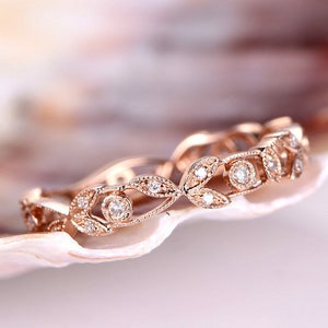 Floral Diamond Wedding Band Rose Gold Full Eternity Ring Stacking Filigree Natural Diamond Matching Promise Ring Anniversary Gift For Women