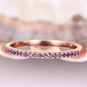 Amethyst Ring Natural Amethyst Wedding Band 14k Rose Gold Petite Ring Half Eternity Stacking Matching Band Anniversary Ring Thin Band