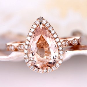 3.18ct Pear cut Pink Morganite engagemrnt ring Halo diamond wedding band solid 14k Rose gold Reco halo promise ring stacking matching band