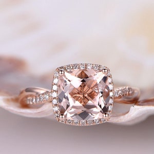 8mm Cushion Cut Morganite Bridal Ring Morganite Ring Twist Wedding Band Infinity Diamond Matching Band Promise Ring 14K Rose gold