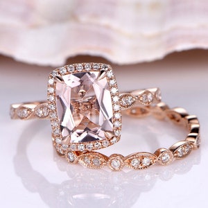 2pcs Wedding Ring Set Morganite Engagement Ring 14k Rose Gold Art Deco Full Eternity Diamond Wedding Band 7x9mm Cushion Cut Stone Bridal Set