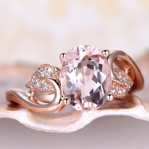 Floral Design 7x9mm Oval Cut Morganite Engagement Ring Leaf Diamond Band Plain Gold Band Anniversary Gift Rose Gold Morganite Diamond Ring