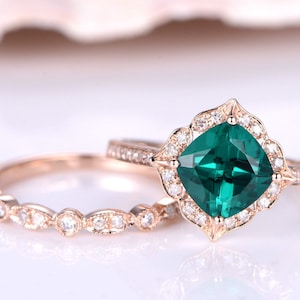 Wedding ring set emerald engagement ring 7mm cushion emerald ring half eternity diamond wedding band Milgrain matching band 14k rose gold