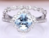 Aquamarine engagement ring set white gold art deco diamond wedding band vintage floral style 7mm cushion cut natural aquamarine promise