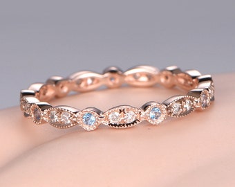 Art Deco Topaz Diamond Wedding Band Rose Gold FULL Eternity Engagement Ring Milgrain Stacking Matching Band Anniversary Gift Marquise Set
