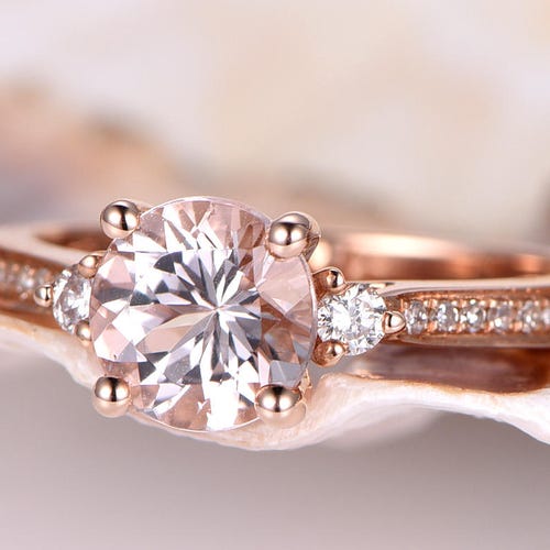 Morganite Engagement Ring Set Solid 14k Rose Gold Ring Real - Etsy