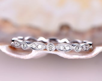 Art Deco Diamant Ehering Band,Weißes Gold Eternity Band,Milgrain Band,Stapelbares Frauen Band,Stapelbares Band,Hochzeitsgeschenk
