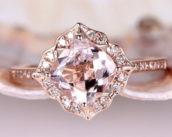 7mm Cushion Morganite Ring Vintage Floral Engagement Ring Rose Gold Diamond Wedding Band Unique Promise Ring Bridal Ring 14K