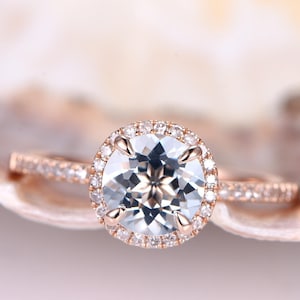 Aquamarine Ring Aquamarine Engagement Ring Rose Gold Diamond Wedding Band 7mm Round Blue Gemstone Promise Ring Bridal Ring Halo 14K Claws