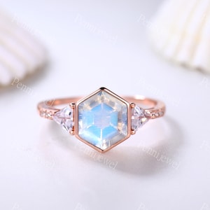 14k Rose Gold Ring Hexagon Natural Moonstone Engagement Ring For Women Moissanite Wedding Band Rainbow Moonstone Anniversary Bridal Ring