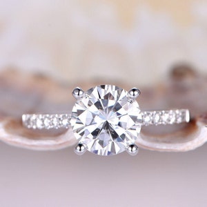 1.3ct Brilliant Moissanite Engagement Ring 7mm Round Moissanite Ring 14k White Gold Diamond Wedding Band Promise Ring Bridal Ring Prong Set