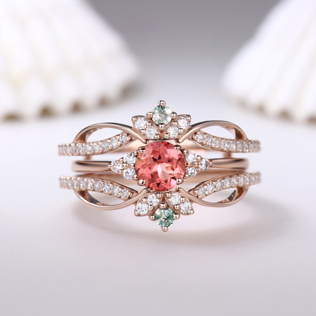 Unique Round Padparadscha Sapphire Engagement Ring,moss Agate Diamond ...