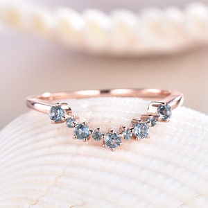 Curved Wedding Band Rose Gold London Blue Topaz Matching Stacking Ring For Women Round Cut Natural Topaz Anniversary gift for her