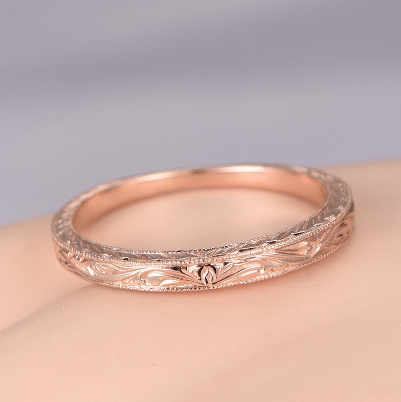 Solid 14k rose gold wedding band filigree eternity ring floral Etsy