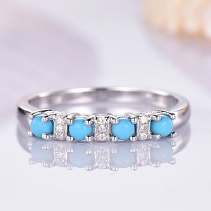 Turquoise Wedding Band Turquoise With Diamond Ring Half Eternity Wedding Ring 14k White Gold Matching Band Natural Birthstone Valentine Gift