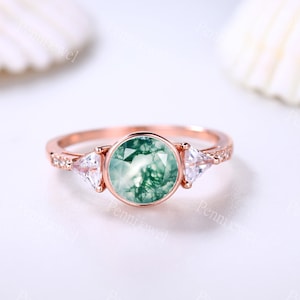 Art Deco Round Moss Agate Bezel Ring Rose Gold Plated Green Gemstone Engagement Ring CZ Wedding Band Gift For Women Unique Anniversary Ring