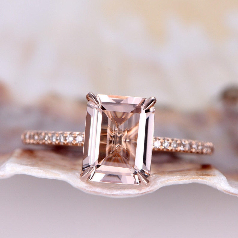 Morganite Engagement Ring Rose Gold Diamond Wedding Band 7x9mm - Etsy